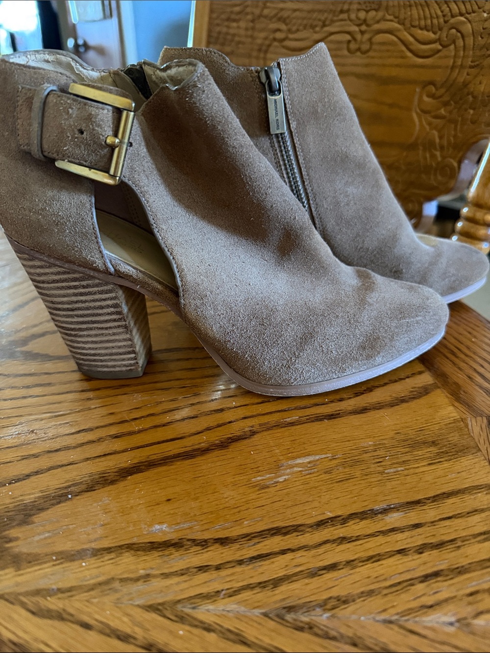 Michael Kors Taupe Suede Cutout Block Heel Booties